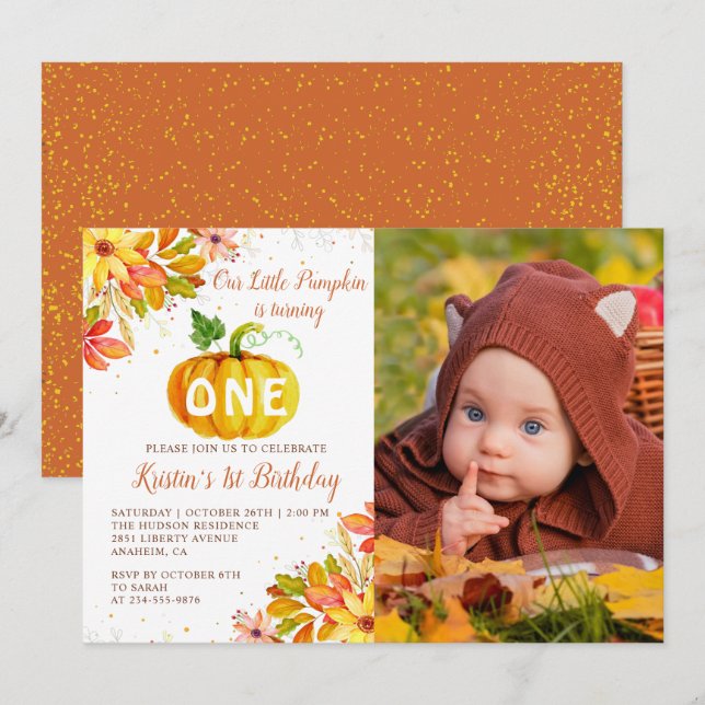 Watercolor Autumn Blommigt Pumpkin Birthday Photo Inbjudningar (Fram/baksida)