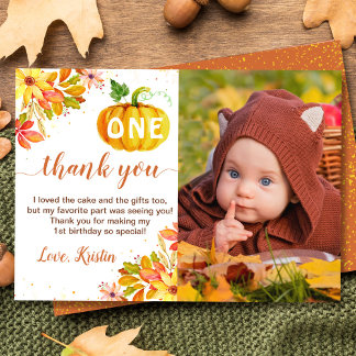 Watercolor Autumn Blommigt Pumpkin Birthday Photo Tack Kort