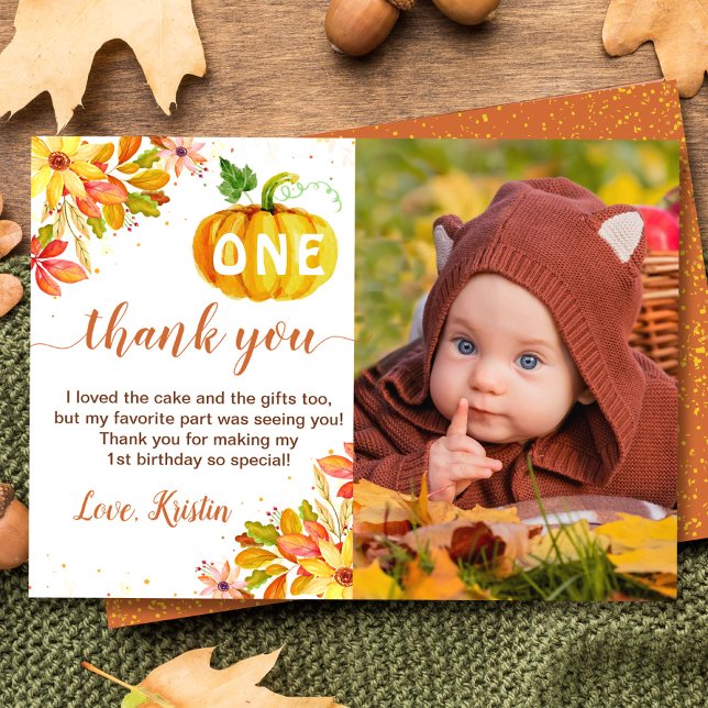 Watercolor Autumn Blommigt Pumpkin Birthday Photo Tack Kort (Skapare uppladdad)