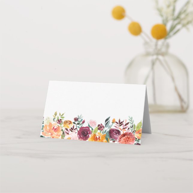 Watercolor Autumn Blooms Blommigt Garland Bröllop Placeringskort (Framsida)
