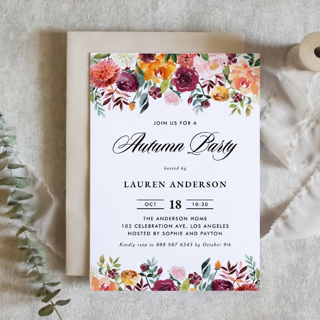 Watercolor Autumn Blooms Garland Autumn Party Inbjudningar (Skapare uppladdad)