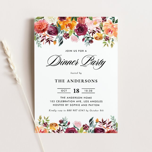 Watercolor Autumn Blooms Garland Dinner Party Inbjudningar (Skapare uppladdad)