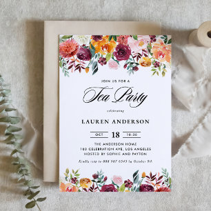 Watercolor Autumn Blooms Garland Möhippa Tea Party Inbjudningar