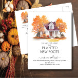 Watercolor Autumn House Flytta Notification Vykort<br><div class="desc">I detta meddelande om hjärtslitande finns det en våning i höst i träd med ett hus i bakgrunden. Ord: "Vår familj har planerat nya rötter." Det är perfekten att låta dina vänner och familj få veta om ditt kommande drag. Det är säkert en slå med alla som får den.</div>