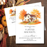 Watercolor Autumn House Flytta Notification Vykort<br><div class="desc">I detta meddelande om hjärtslitande finns det en våning i höst i träd med ett hus i bakgrunden. Ord: "Vår familj har planerat nya rötter." Det är perfekten att låta dina vänner och familj få veta om ditt kommande drag. Det är säkert en slå med alla som får den.</div>
