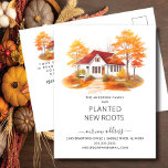 Watercolor Autumn House Flytta Notification Vykort<br><div class="desc">I detta meddelande om hjärtslitande finns det en våning i höst i träd med ett hus i bakgrunden. Ord: "Vår familj har planerat nya rötter." Det är perfekten att låta dina vänner och familj få veta om ditt kommande drag. Det är säkert en slå med alla som får den.</div>