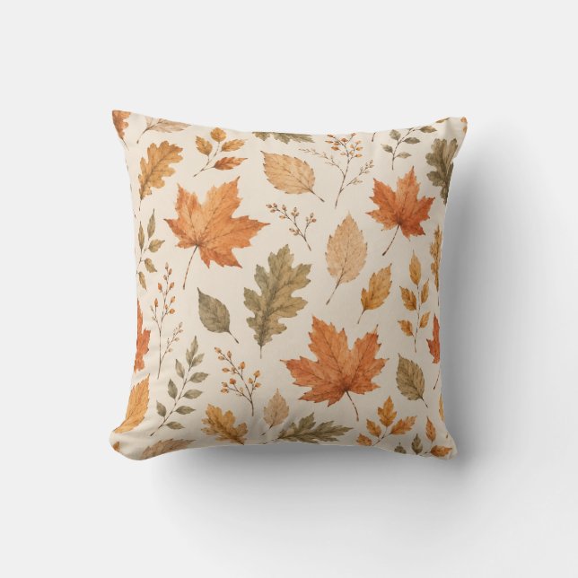 Watercolor Autumn Leaves Pattern Throw Pillow Kudde (Framsida)