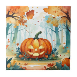 Watercolor Autumn Pumpkins Harvest Forest Kakelplatta
