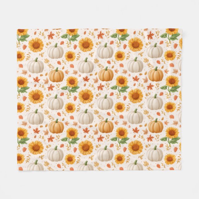 Watercolor Autumn Pumpkins & Sunblommor Mönster Fleecefilt (Framsidan (Horisontell))