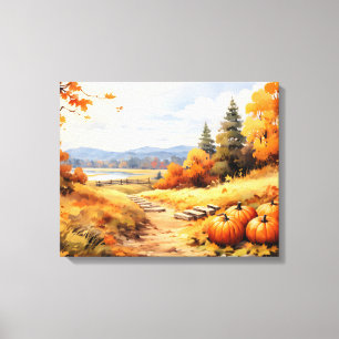 Watercolor Autumn Road Pumpkin Falling Löv Canvastryck