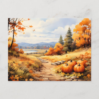 Watercolor Autumn Road Pumpkin Falling Löv Helg Vykort