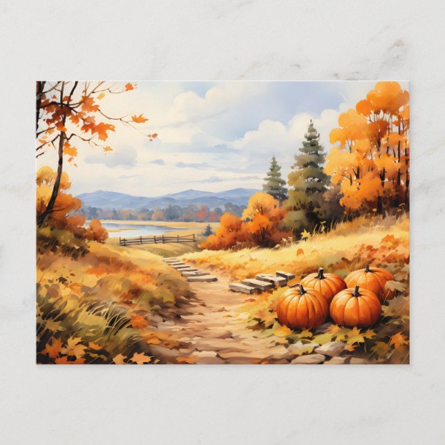 Watercolor Autumn Road Pumpkin Falling Löv Helg Vykort (Framsida)