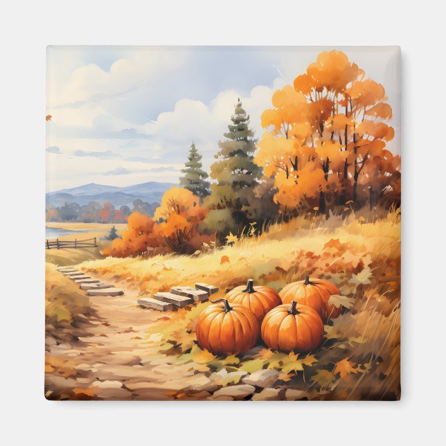 Watercolor Autumn Road Pumpkin Falling Löv Magnet (Framsidan)