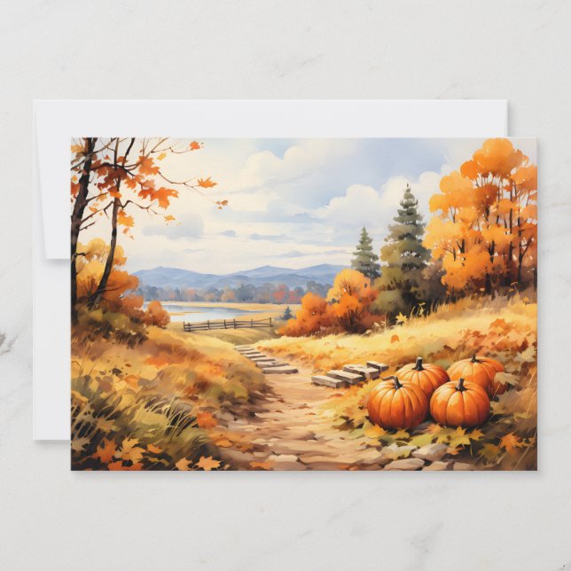 Watercolor Autumn Road Pumpkin Falling Löv Meddelande (Framsida)