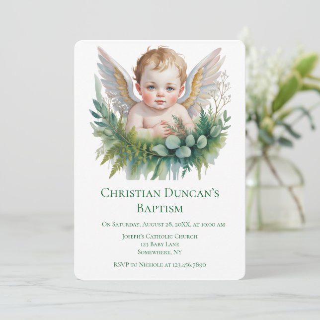 Watercolor Baby Angel Feather Wings Baptism  Inbjudningar (Stående Fram)