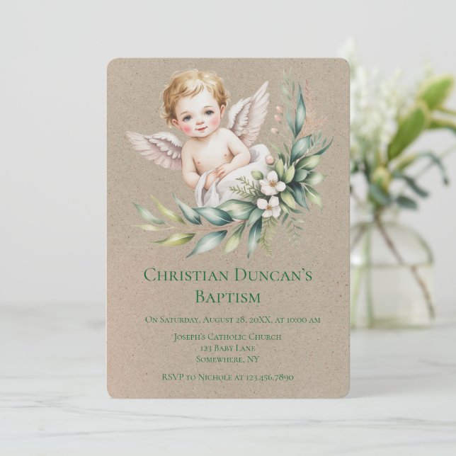Watercolor Baby Angel Feather Wings Baptism  Inbjudningar (Stående Fram)