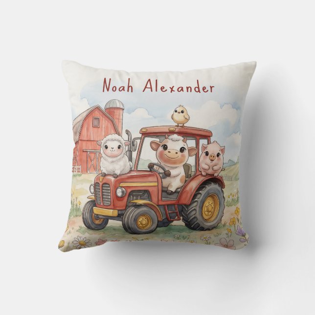 Watercolor Baby Animals Driving Red Tractor Farm Kudde (Baksida)