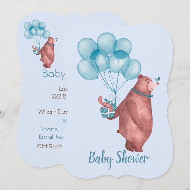 Watercolor Baby Boy Bear Balloons Inbjudningar (Fram/baksida)