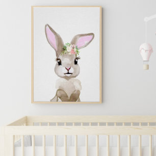 Watercolor Baby Bunny Unge Nursery Blommigt Woodla Poster