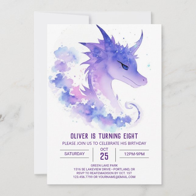 Watercolor Baby Dragon Birthday Inbjudningar (Framsida)