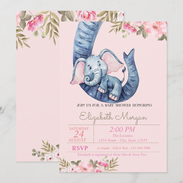 Watercolor Baby Elephant, Blommigt Baby Shower Inbjudningar (Fram/baksida)