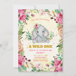 Watercolor Baby Elephant Flowers Girl Birthday Inbjudningar