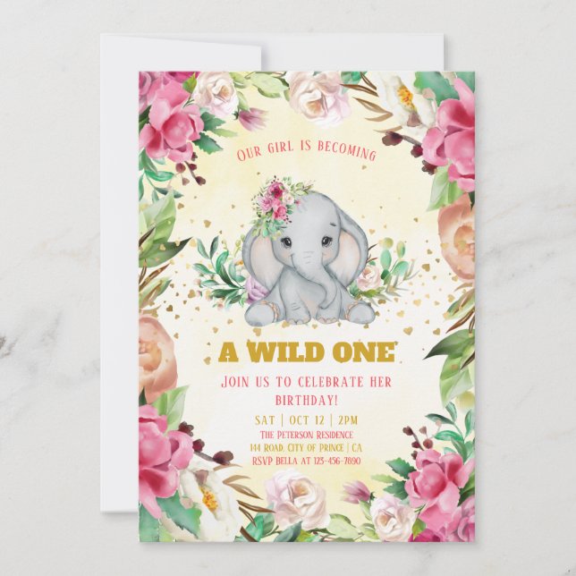 Watercolor Baby Elephant Flowers Girl Birthday Inbjudningar (Framsida)