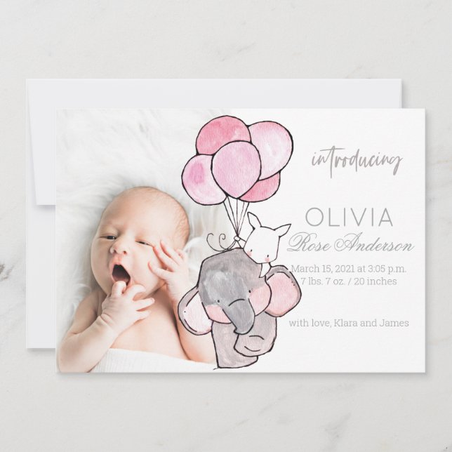 Watercolor Baby Elephant Girl Birth Notice Inbjudningar (Framsida)
