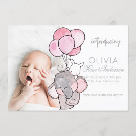 Watercolor Baby Elephant Girl Birth Notice Inbjudningar