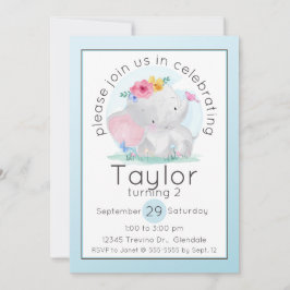 Watercolor Baby Elephant med Flowers Birthday Inbjudningar