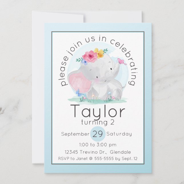 Watercolor Baby Elephant med Flowers Birthday Inbjudningar (Framsida)