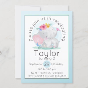 Watercolor Baby Elephant med Flowers Birthday Inbjudningar
