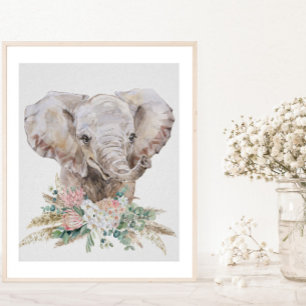 Watercolor Baby Elephant Nursery Tropical Boho Poster