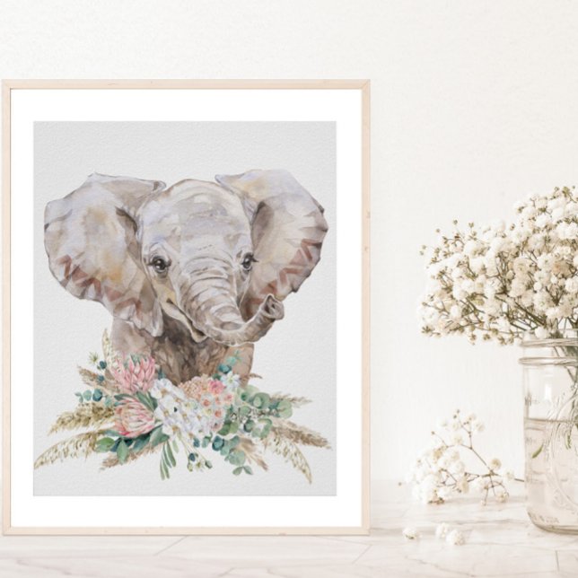 Watercolor Baby Elephant Nursery Tropical Boho Poster (Skapare uppladdad)