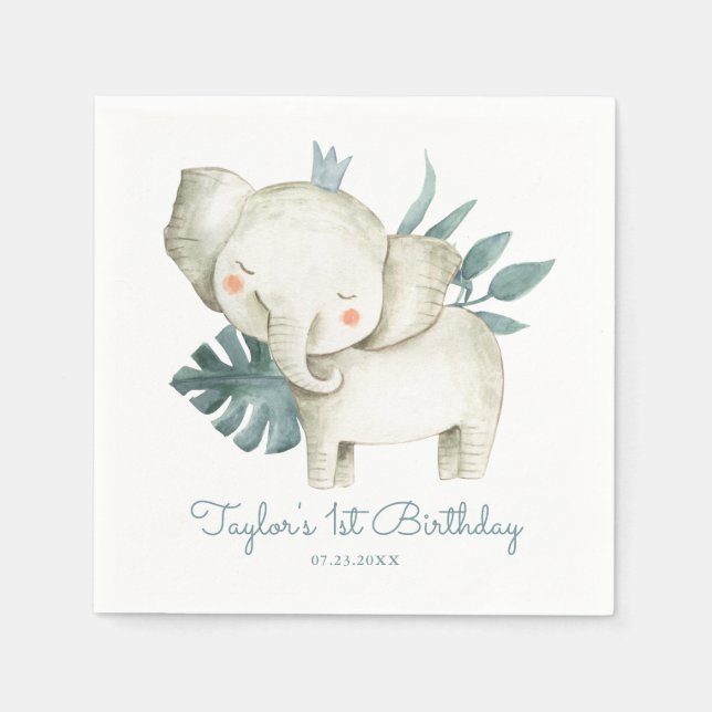 Watercolor Baby Elephant Prince Tropical Birthday Pappersservett (Framsidan)