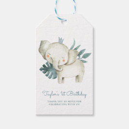 Watercolor Baby Elephant Prince Tropical Birthday Presentetikett