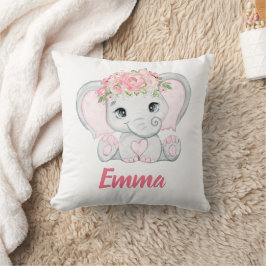 Watercolor Baby Elephant Rosa Blommigt Girl Nurser Kudde