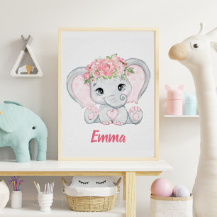 Watercolor Baby Elephant Rosa Blommigt Girl Nurser Poster
