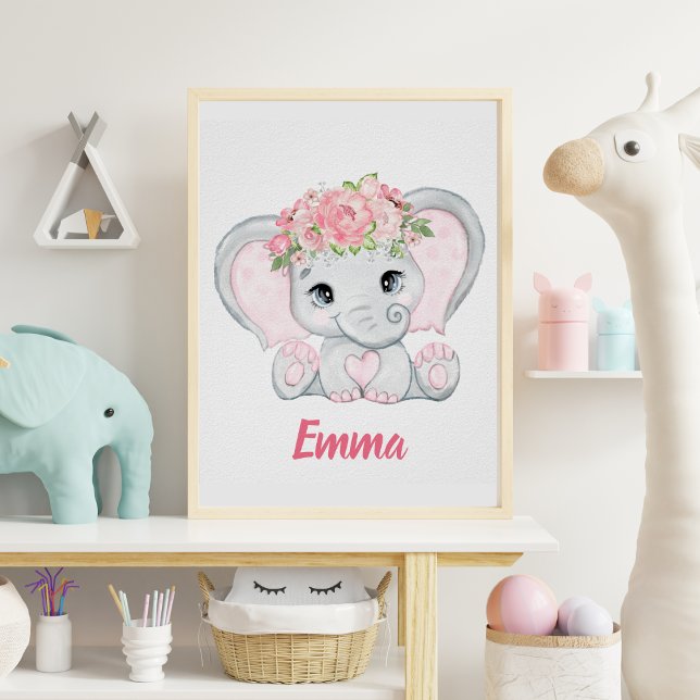 Watercolor Baby Elephant Rosa Blommigt Girl Nurser Poster (Skapare uppladdad)