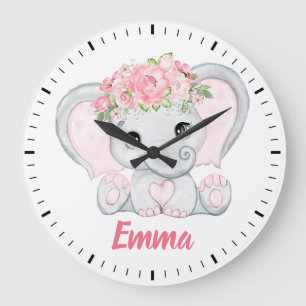 Watercolor Baby Elephant Rosa Blommigt Girl Nurser Stor Klocka