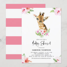 Watercolor Baby Giraffe Rosa Hibiscus Baby Shower Inbjudningar