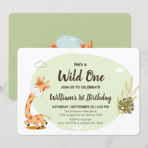 Watercolor Baby Giraffe, Safari Animals Birthday Inbjudningar