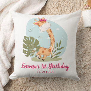 Watercolor Baby Giraffe, Safari Animals Birthday Kudde