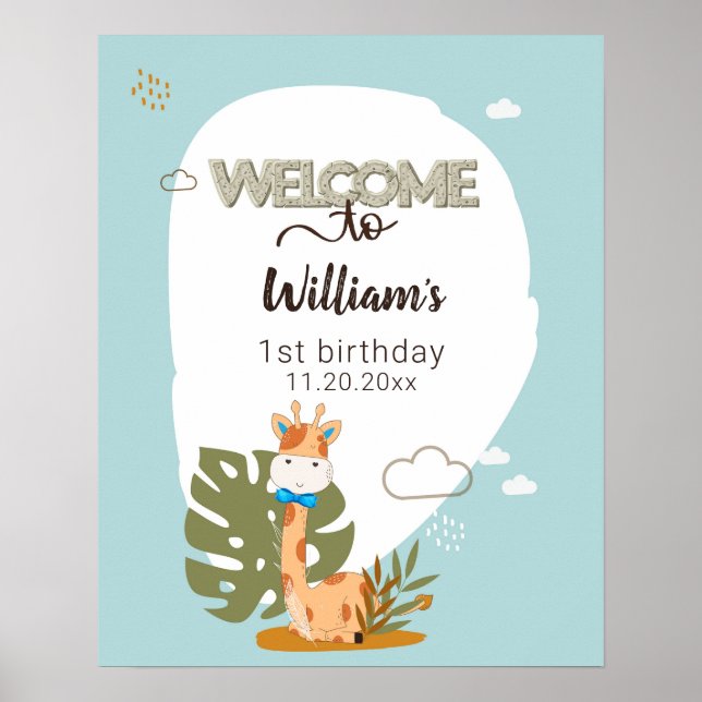 Watercolor Baby Giraffe, Safari Animals Birthday Poster (Framsidan)