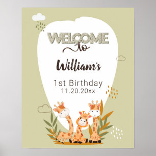 Watercolor Baby Giraffe, Safari Animals Birthday Poster