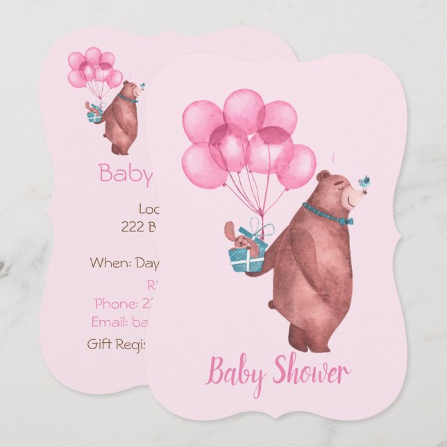 Watercolor Baby Girl Bear Balloons Invitation Inbjudningar (Fram/baksida)
