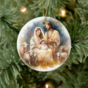 Watercolor Baby Jesus Kristus med Mary och Joseph Julgransprydnad Keramik