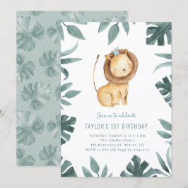 Watercolor Baby Lejon Prince Greenery Birthday Inbjudningar
