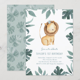 Watercolor Baby Lejon Prince Greenery Birthday Inbjudningar