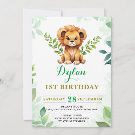 Watercolor Baby Lejon Prince Greenery Birthday Inbjudningar
